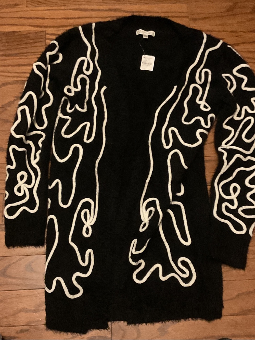 Neiman Marcus Black Cardigan with White Squiggle Trim